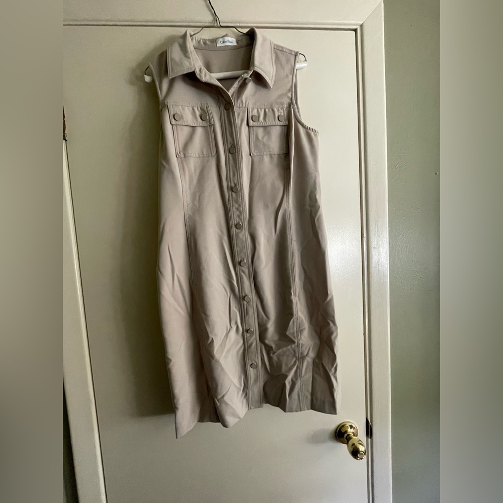 Calvin Klein Short Sleeve Button-Up Beige Shirt Dress